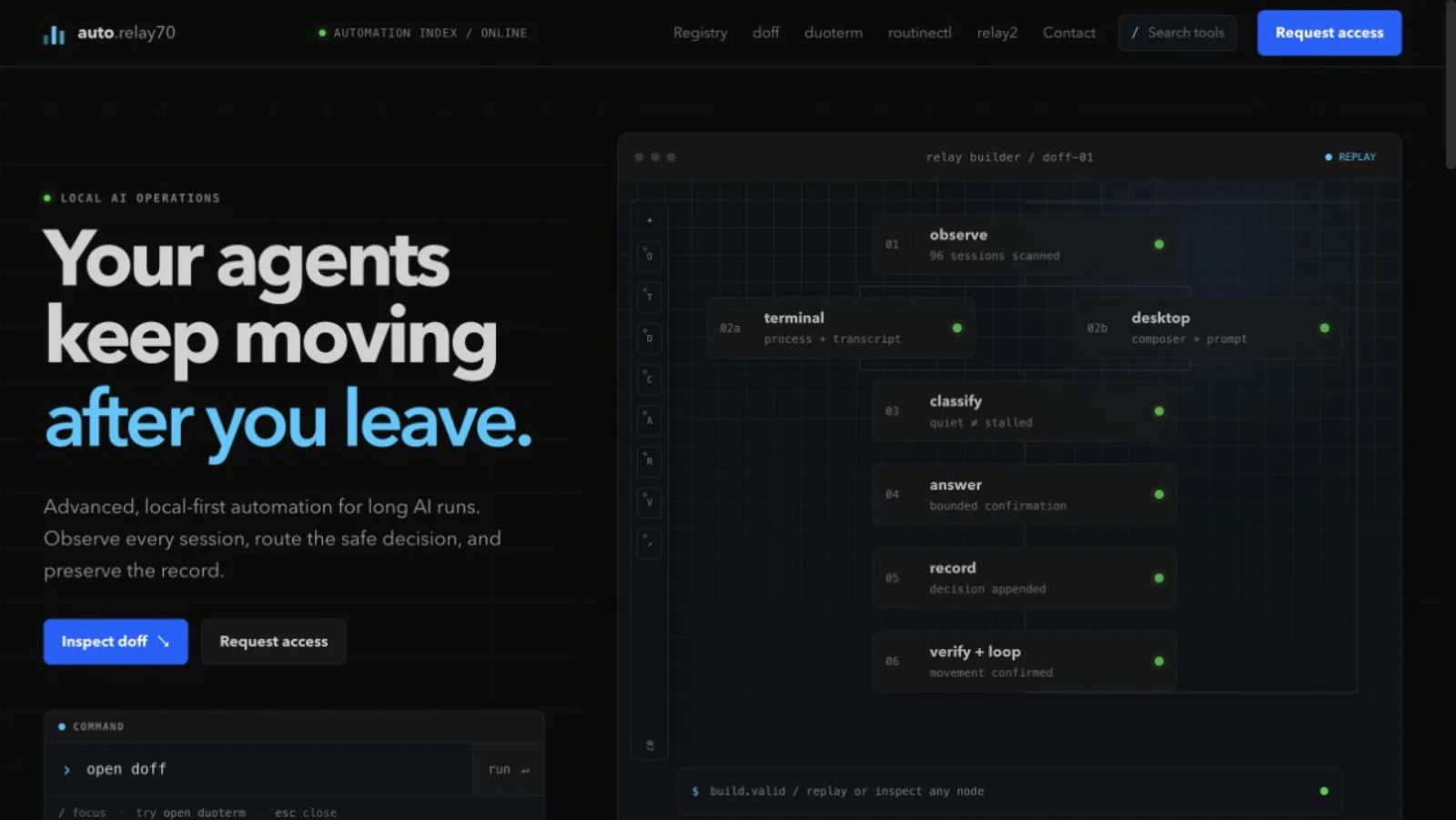 auto.relay70 site showing its agent automation tools