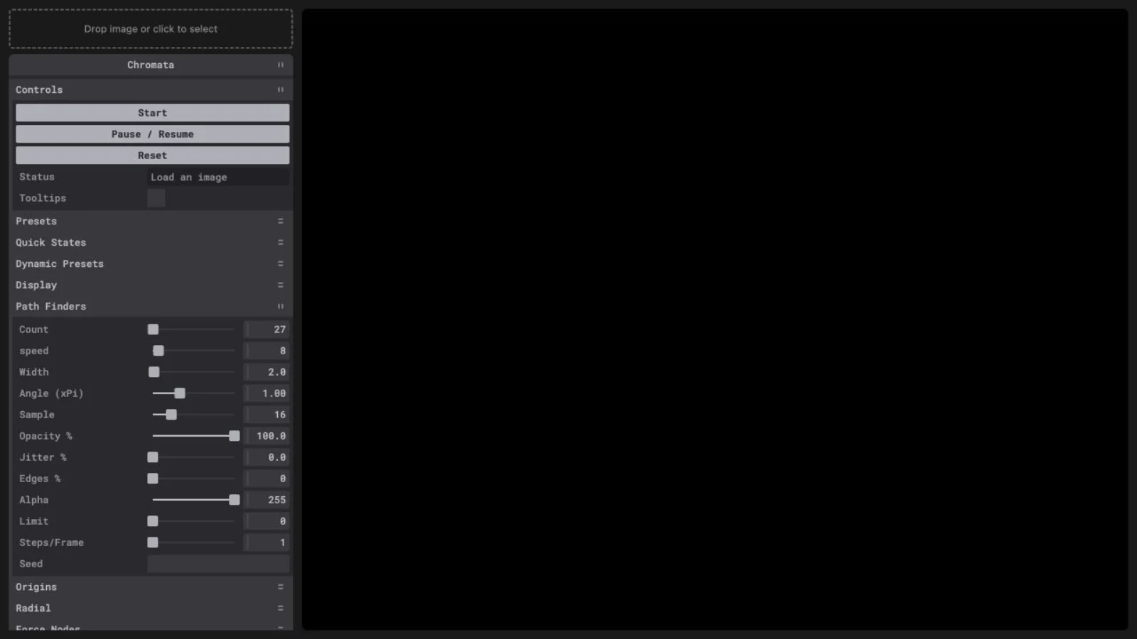 Chromata image workspace with pathfinder controls and an empty canvas