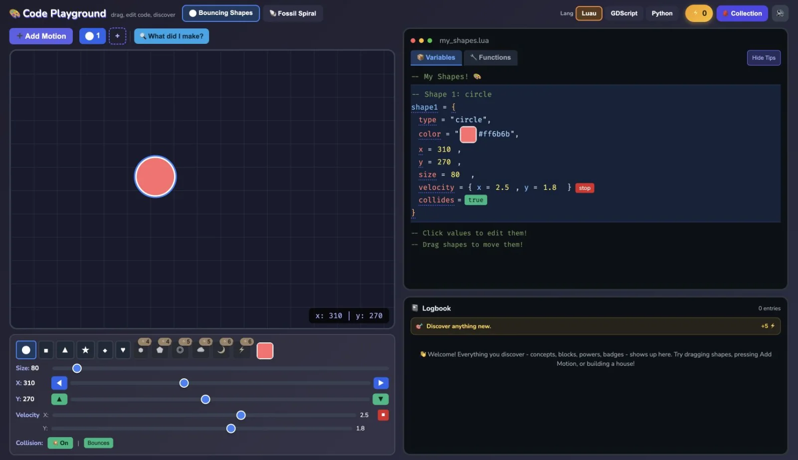 Code Playground with language controls, a code editor, and a visual scene