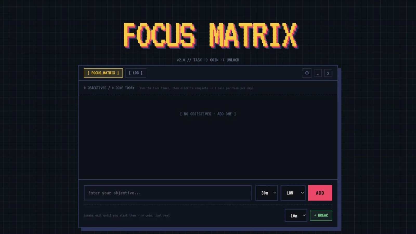 Focus Matrix objective planner with timer and priority controls