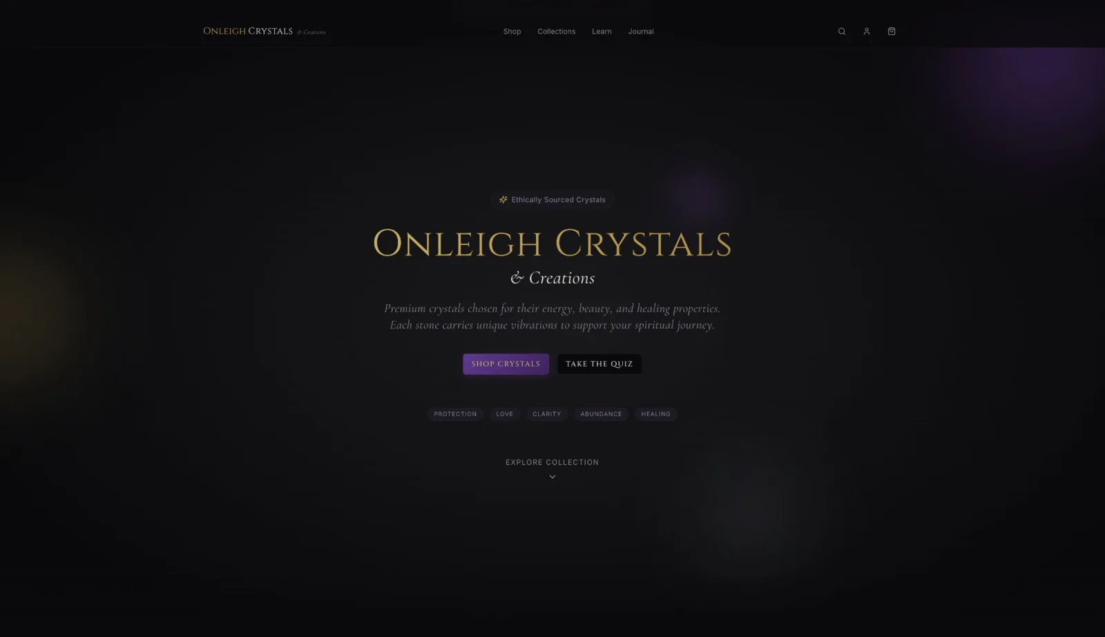 Onleigh Crystals storefront with dark purple and gold styling