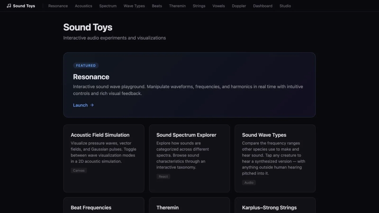 Sound Toys index with Resonance and acoustic experiment links